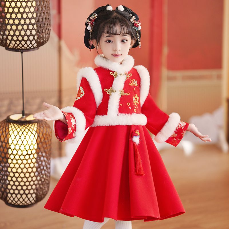 女童拜年服冬季新款兒童古裝唐裝喜慶新年漢服秋冬女寶寶周歲禮服