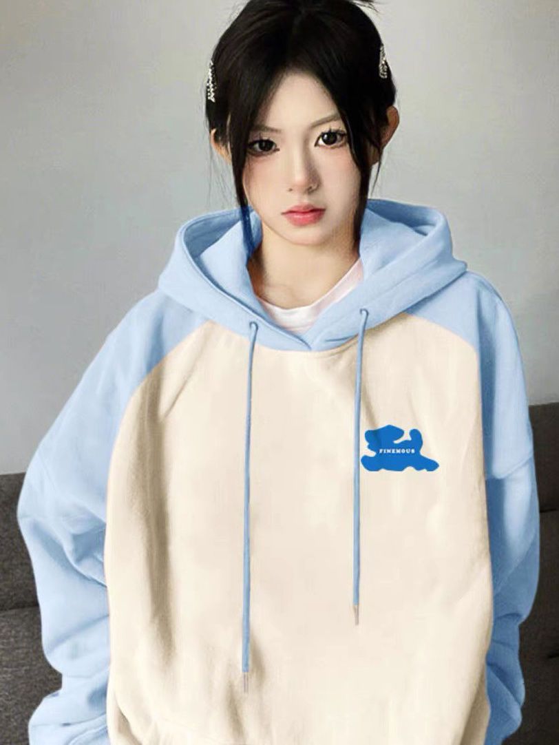 插肩袖拼接加絨加厚連帽衛衣女秋冬新款美式高街oversize潮牌外套