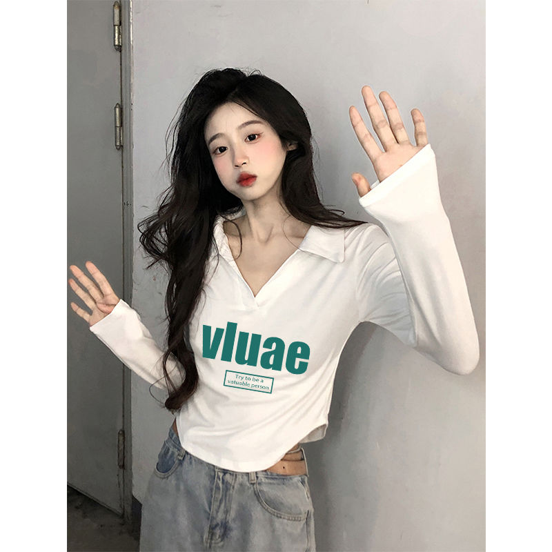 美式復古polo領純欲風長袖T恤女初秋設計感小眾修身顯瘦上衣ins潮