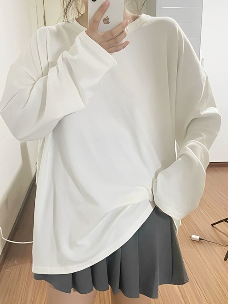 白色長袖t恤女秋冬裝2023新款寬鬆慵懶風純棉圓領打底衫內搭上衣