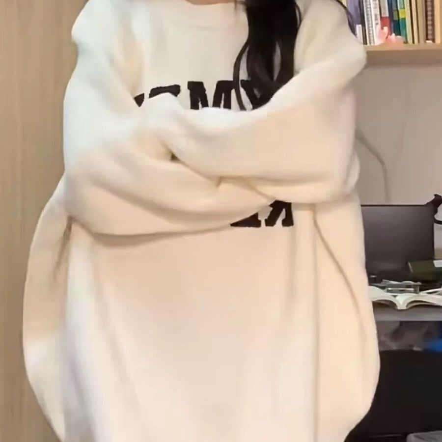 加厚款!美式復古流行圓領套頭毛衣刺繡字母寬鬆慵懶風針織秋冬女