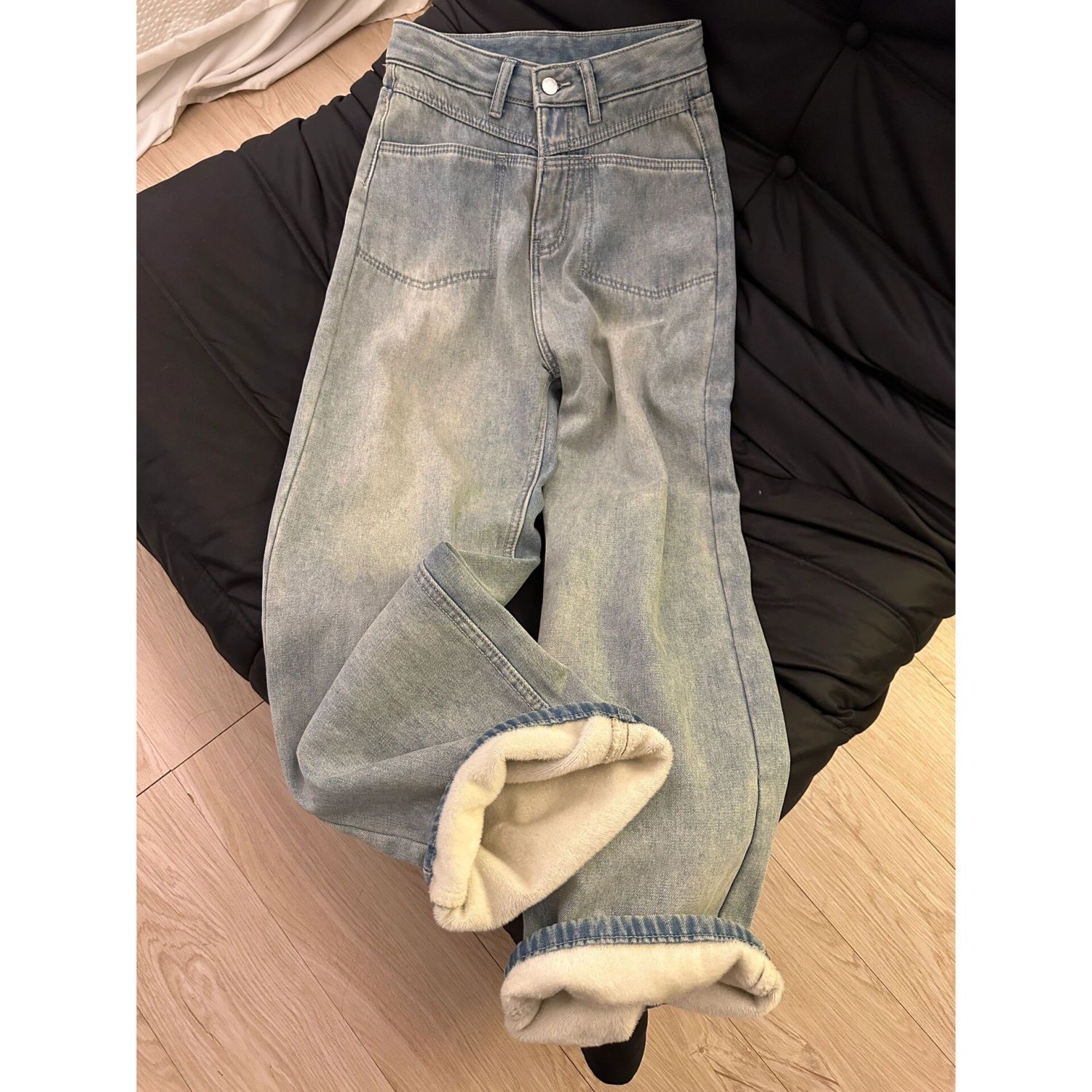 闊腿牛仔褲女秋冬高腰寬鬆直筒復古設計感窄版加絨加厚拖地褲小眾