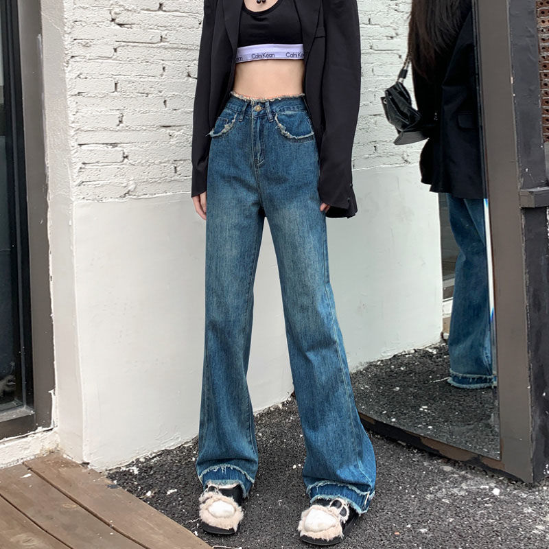 毛邊闊腿褲設計感復古窄版直筒牛仔褲女2023年新款高腰顯高顯瘦