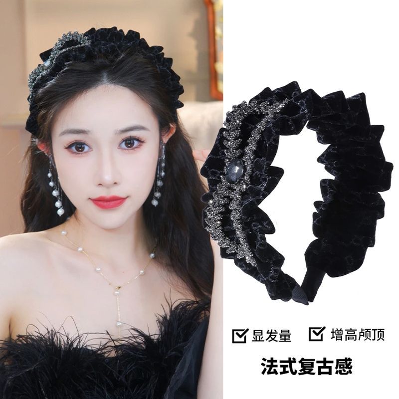 New Black Swan high-end velvet headband headband for women, retro pleated French internet celebrity temperament, versatile, fashionable and simple