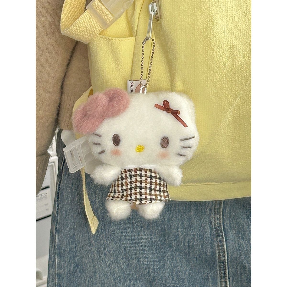 Plaid skirt hello kt bag pendant hellokitty school bag backpack trinket series gift doll black leather