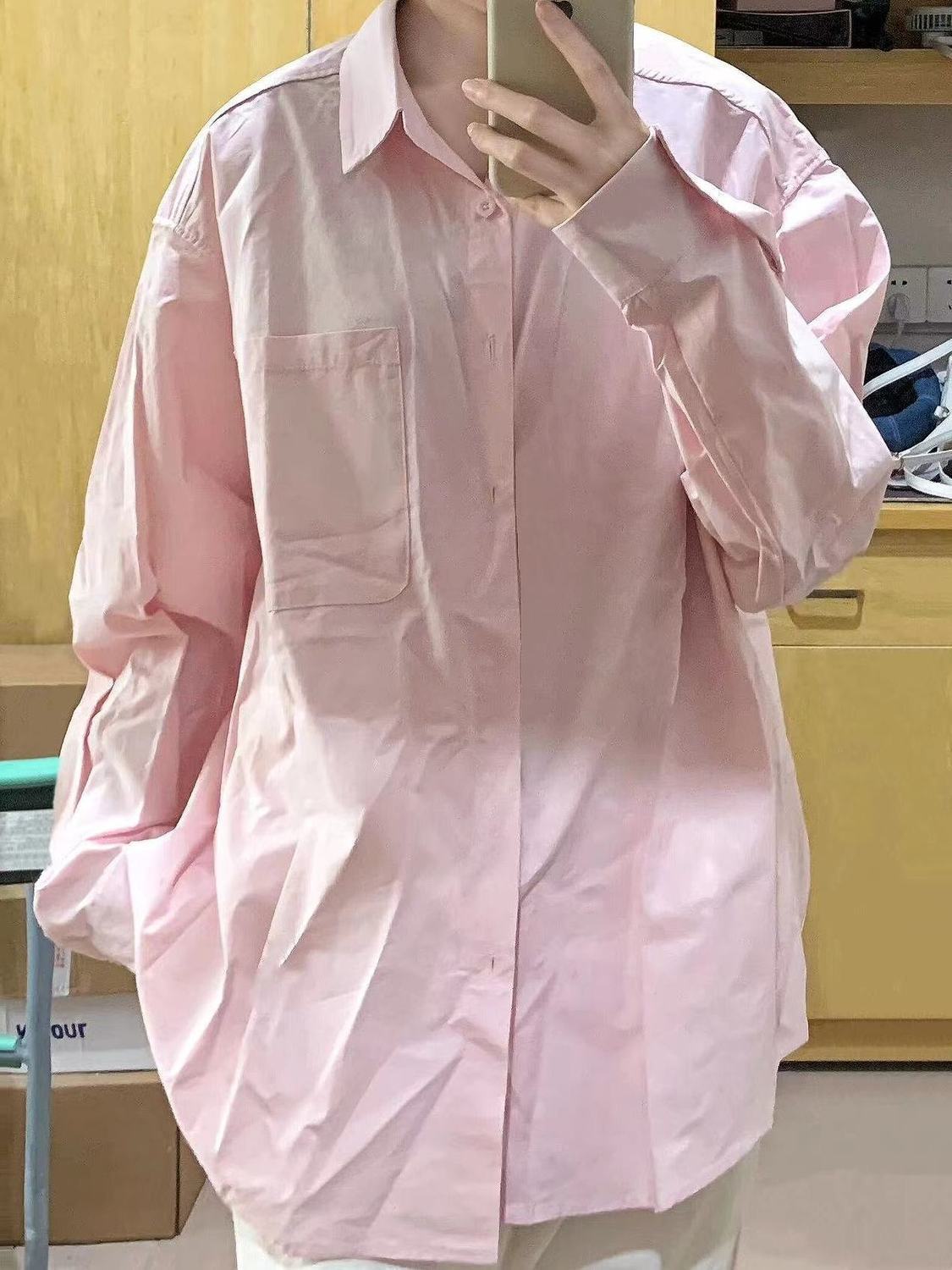 純棉長袖粉色襯衫女外套襯衣疊穿設計感內搭秋冬款寬鬆情侶裝上衣