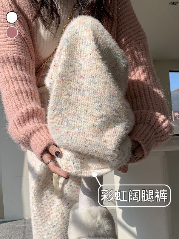 加絨彩虹糯米褲女秋冬高腰垂感寬鬆直筒休閒慵懶小個子針織闊腿褲