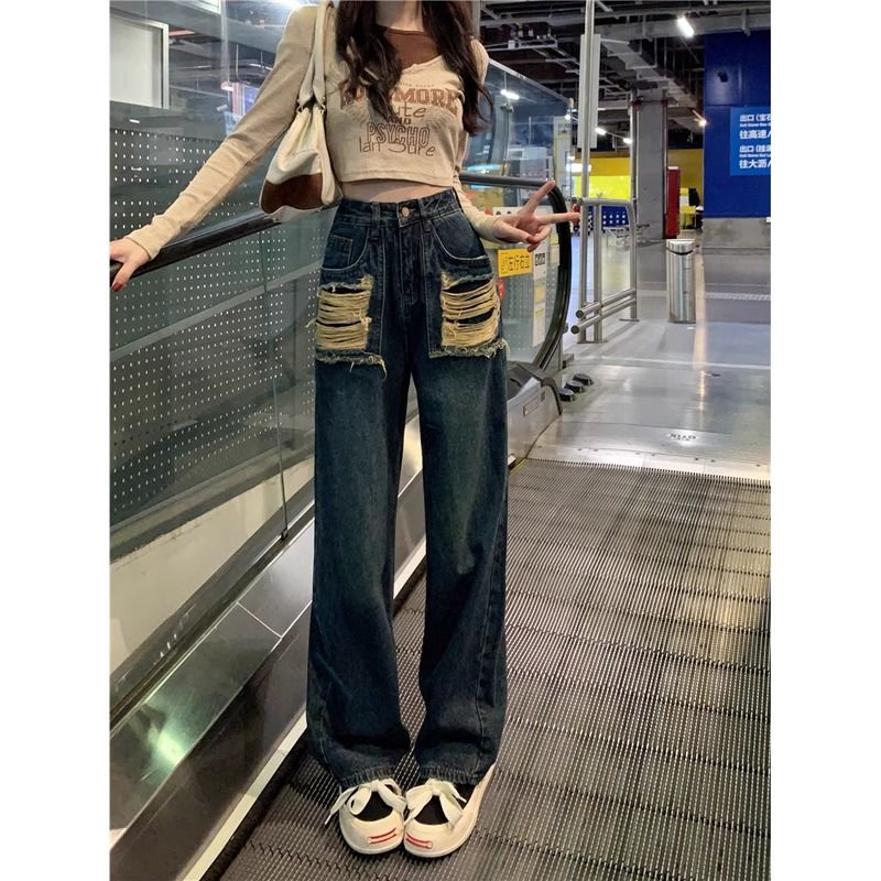 港風潮流復古藍直筒牛仔褲女2023新款高腰百搭寬鬆顯瘦闊腿長褲子