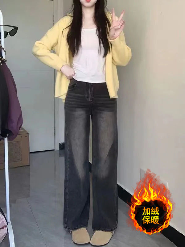 黑灰色加絨闊腿牛仔褲女2023冬季新款復古高腰寬鬆顯瘦做舊直筒褲