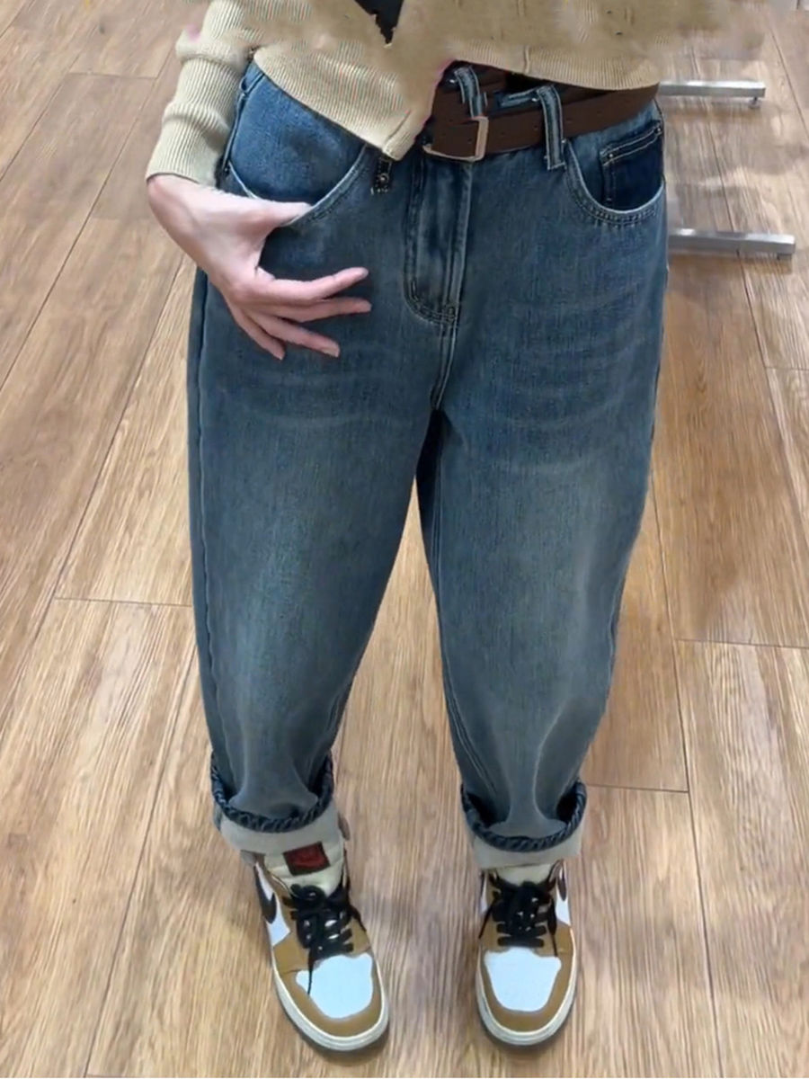 加絨加厚藍色牛仔褲女2023秋冬款小個子直筒高腰顯瘦寬鬆闊腿褲子