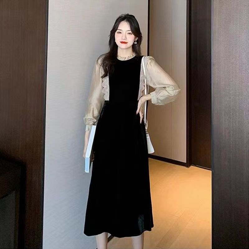 大碼女裝法式名媛小香風絲絨連衣裙女秋冬季新款胖mm氣質遮肉裙子