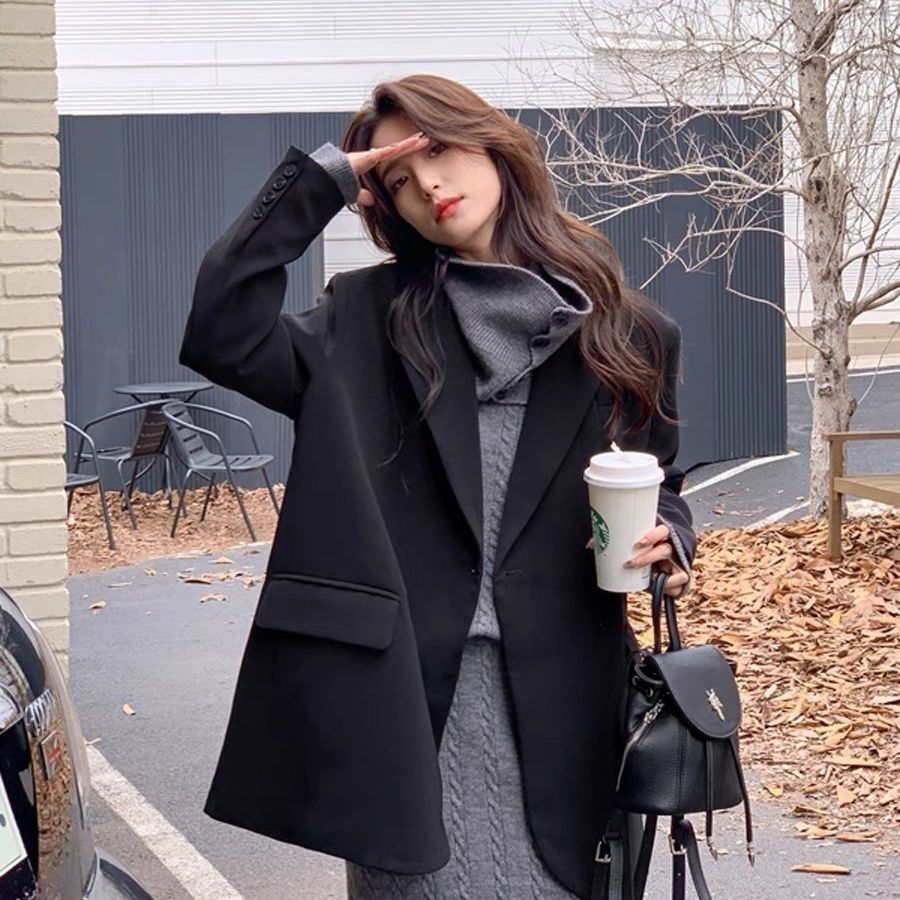 Black blazer women's interview suit top casual loose temperament versatile autumn and winter new style small senior