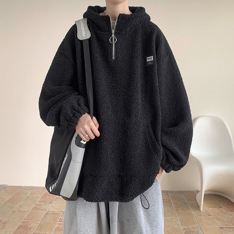 Lamb fleece thickened warm sweatshirt men's winter American fashion brand retro lazy style heavy hooded jacket handsome