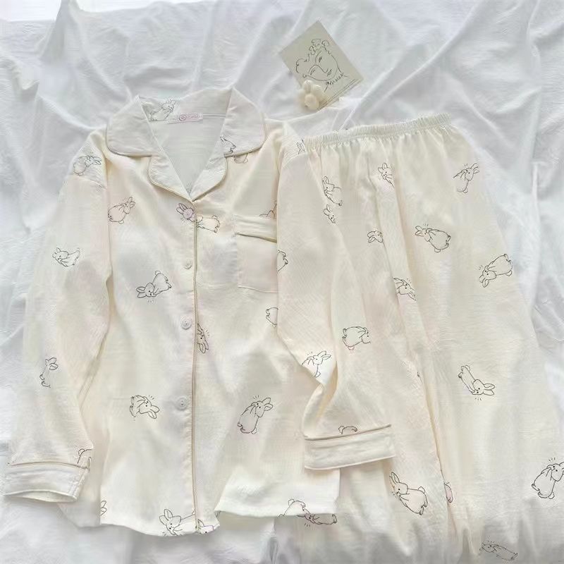 ins風簡約長袖睡衣女春秋冬季薄款純棉高級感新款開衫家居服套裝