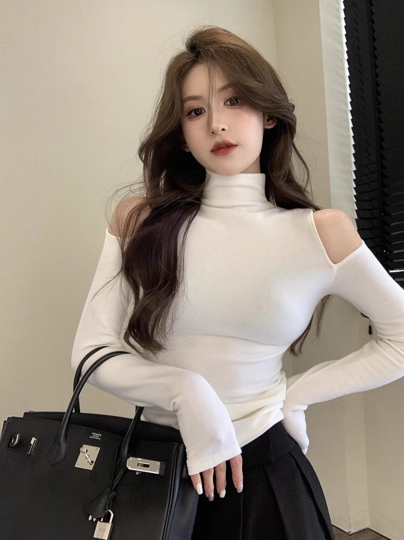 加絨加厚半高領打底衫女秋季2023新款港味設計感露肩內搭長袖上衣