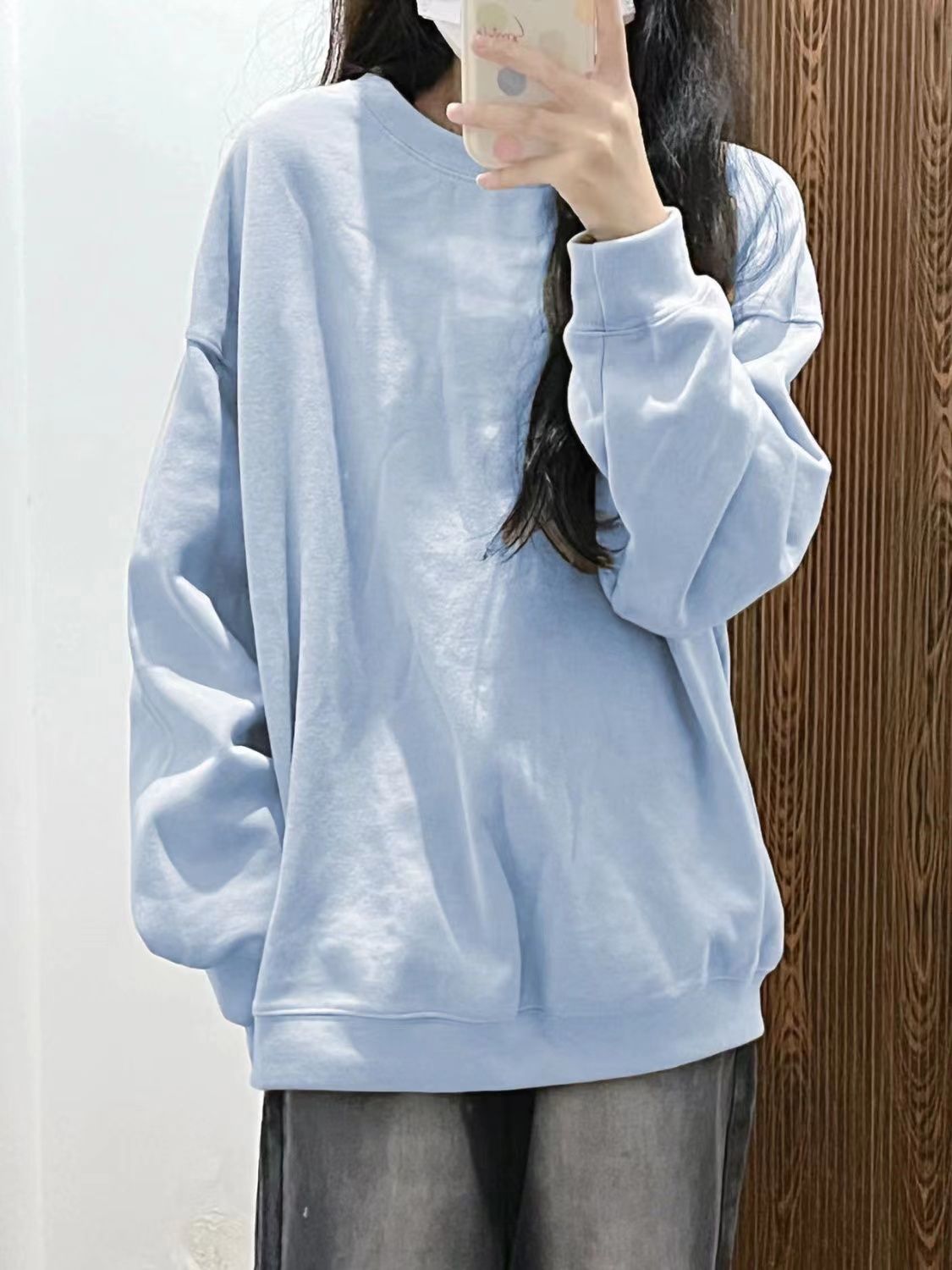 淺藍色小個子潮牌薄款衛衣女春秋冬季加絨圓領無帽上衣中長款外套