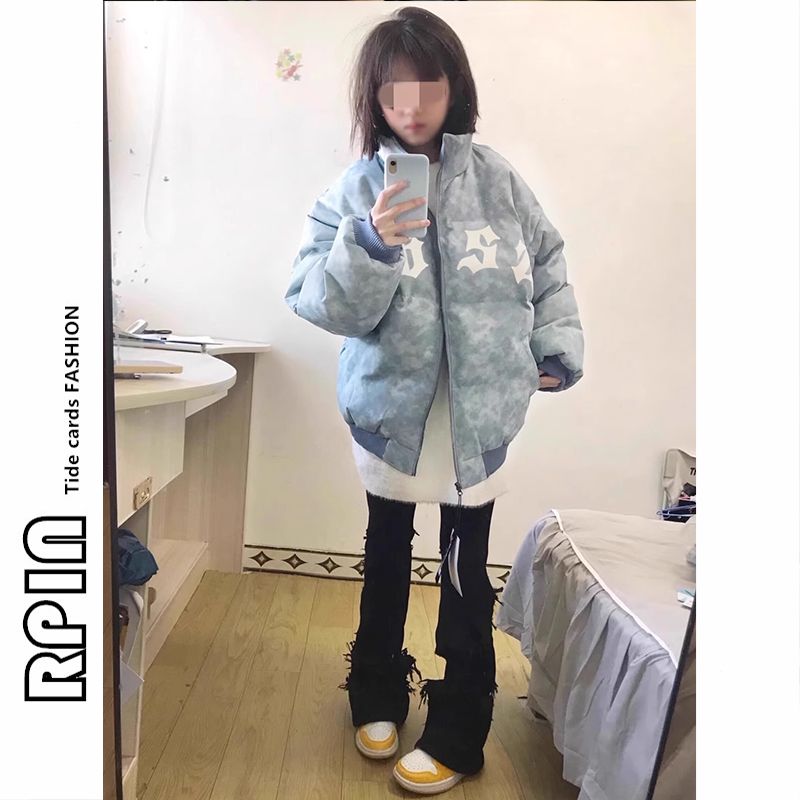 RPIN大碼羽絨服美式潮牌夾克外套女秋冬街頭寬鬆扎染棉衣棉服上衣