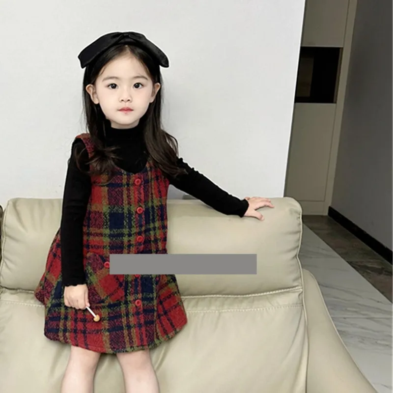 Girls skirt vest dress  new autumn and winter sleeveless plaid red plaid medium and large children's woolen mother-daughter clothing