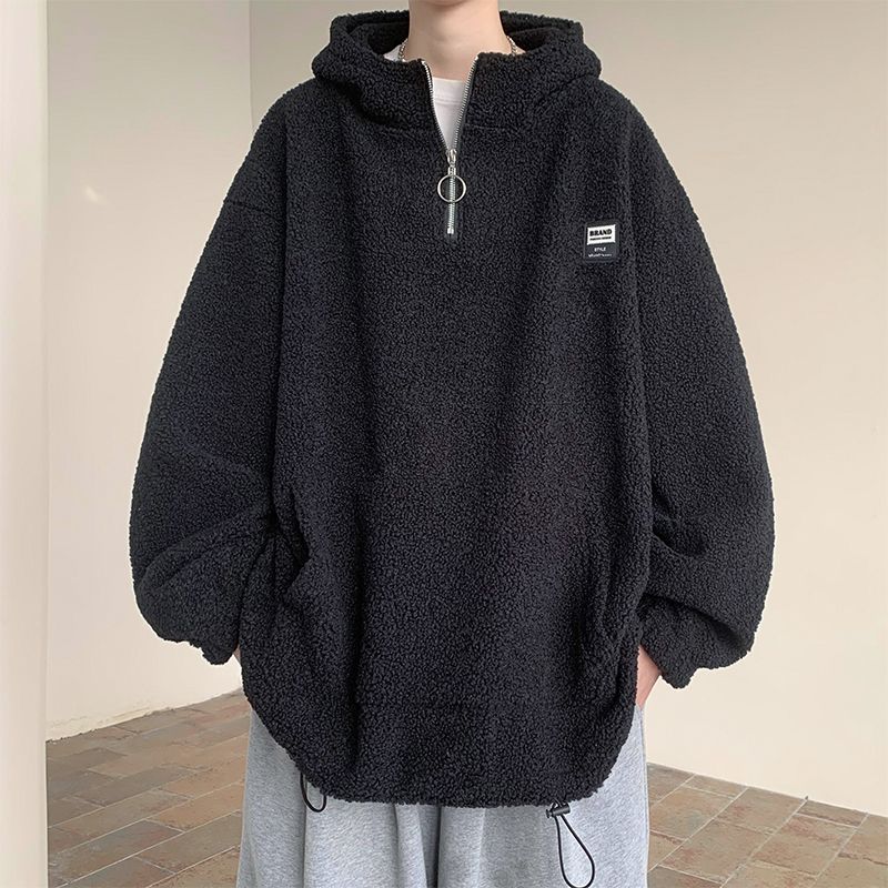 Lamb fleece thickened warm sweatshirt men's winter American fashion brand retro lazy style heavy hooded jacket handsome