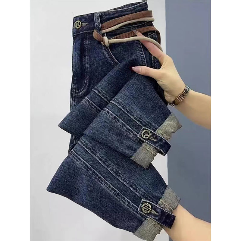 大碼加絨彈力哈倫牛仔褲女秋冬小個子高腰顯瘦九分直筒蘿蔔老爹褲