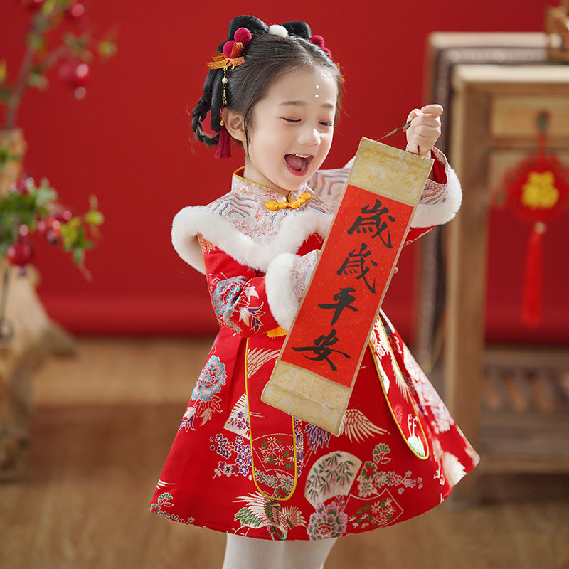 拜年服女童汉服冬宝宝周岁礼服儿童过新年喜庆衣服中国风唐装裙子