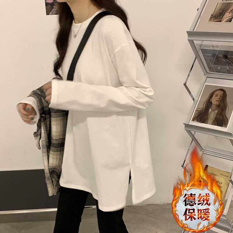 雙面德絨長袖t恤女百搭圓領打底衫秋冬加厚磨毛白色純色寬鬆T恤女