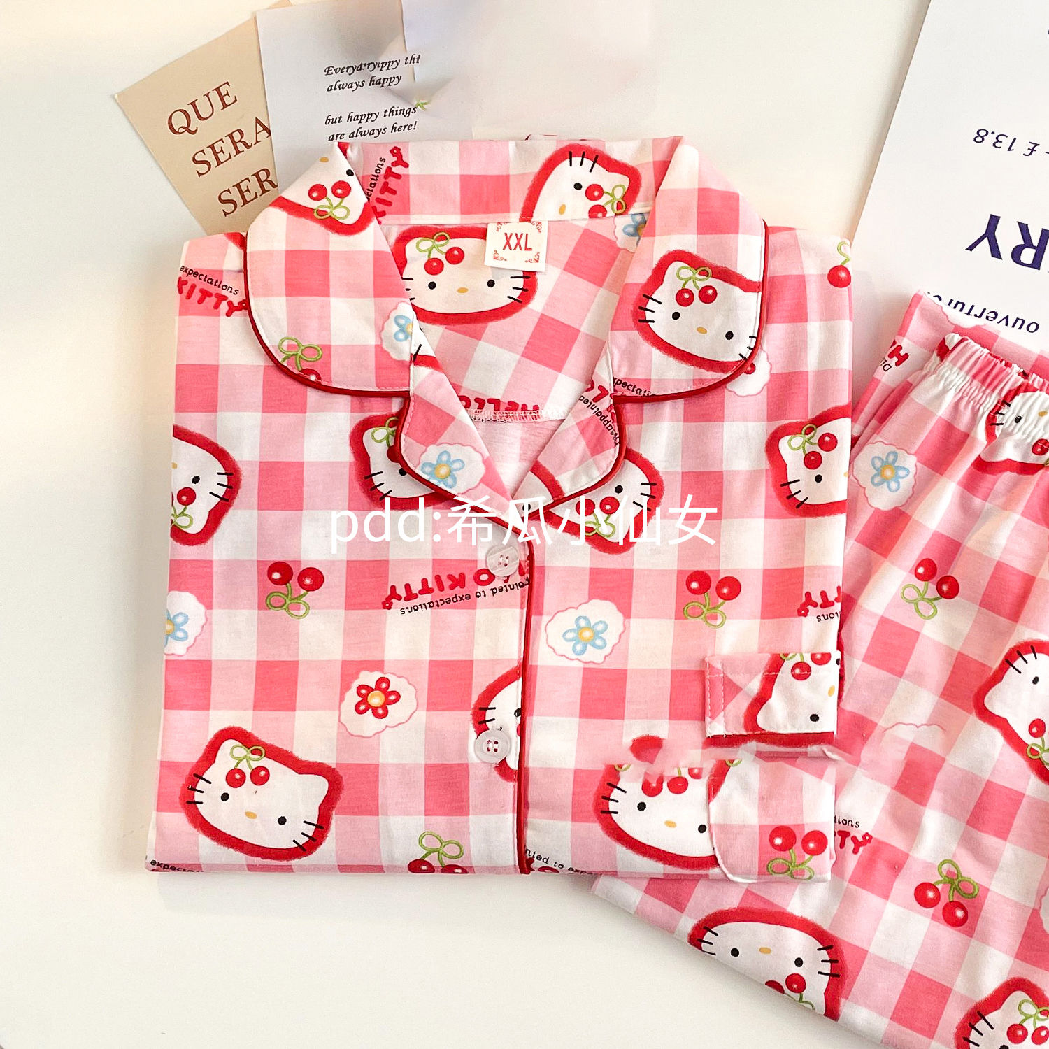 Japanese hellokitty pajamas for women spring and autumn new long-sleeved trousers cartoon cute plaid home clothes set