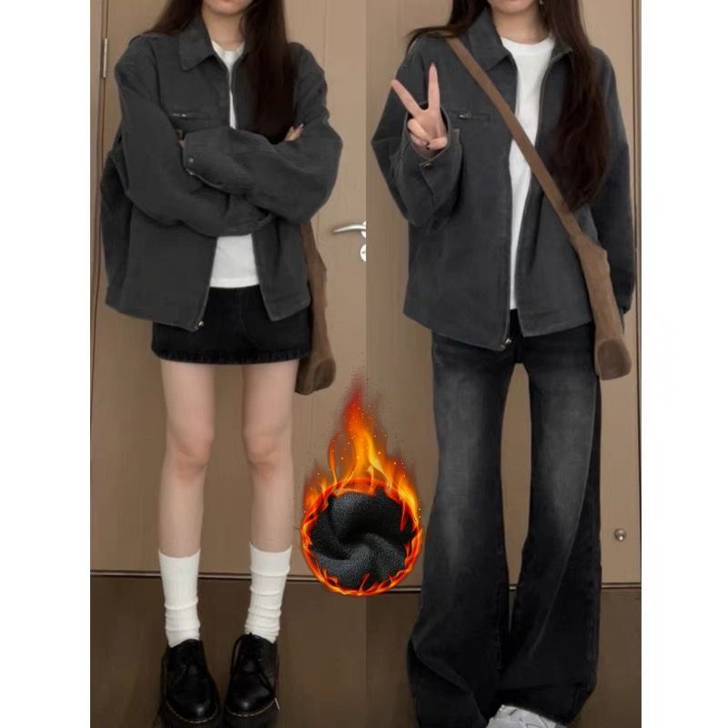 黑灰色高腰微喇叭牛仔褲女加絨加厚大碼胖MM寬鬆顯瘦百搭闊腿長褲