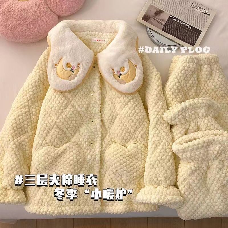 新款珊瑚絨睡衣女款冬季加絨加厚三層夾棉保暖冬天家居服套裝外穿