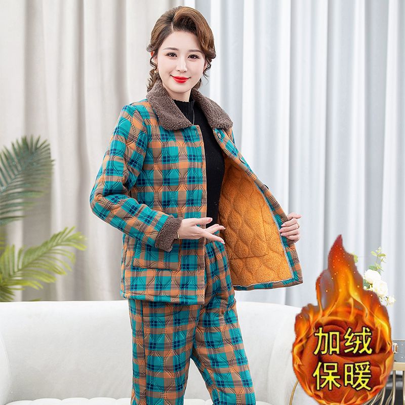 Autumn and winter middle-aged and elderly mother's clothing plus velvet warm plaid two-piece suit Western style casual home cotton clothing women's cotton clothing