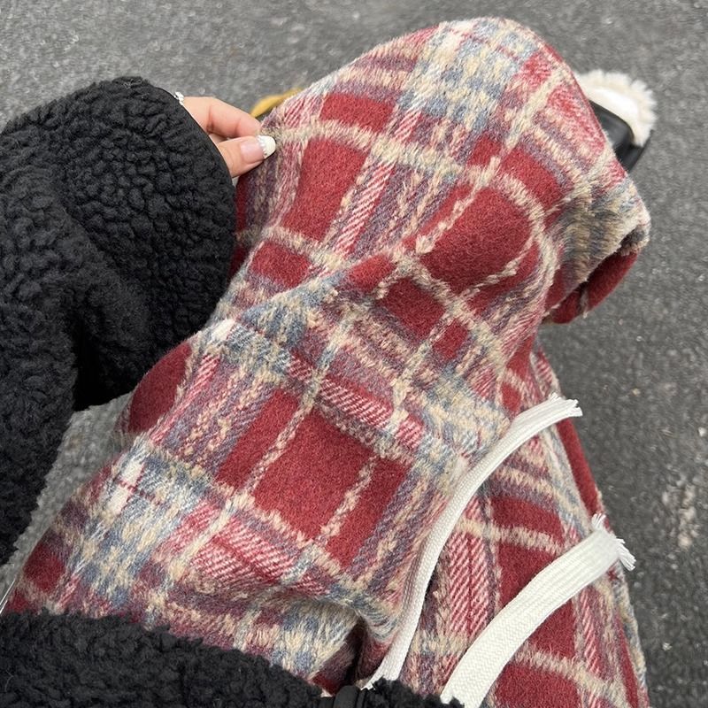 大碼胖妹妹聖誕紅色加絨格子褲女秋冬高腰垂感休閒直筒毛呢闊腿褲