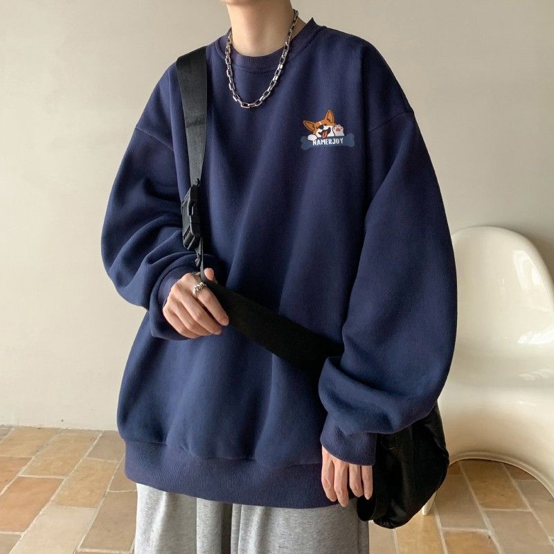 美式復古藏青色衛衣男款春秋季重磅無帽圓領長袖上衣寬鬆潮牌外套