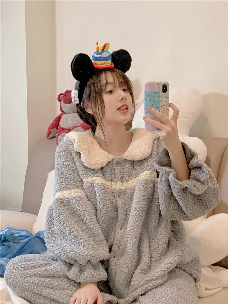 少女甜美加厚珊瑚絨睡衣女加絨加厚冬季2023年新款毛絨家居服套裝