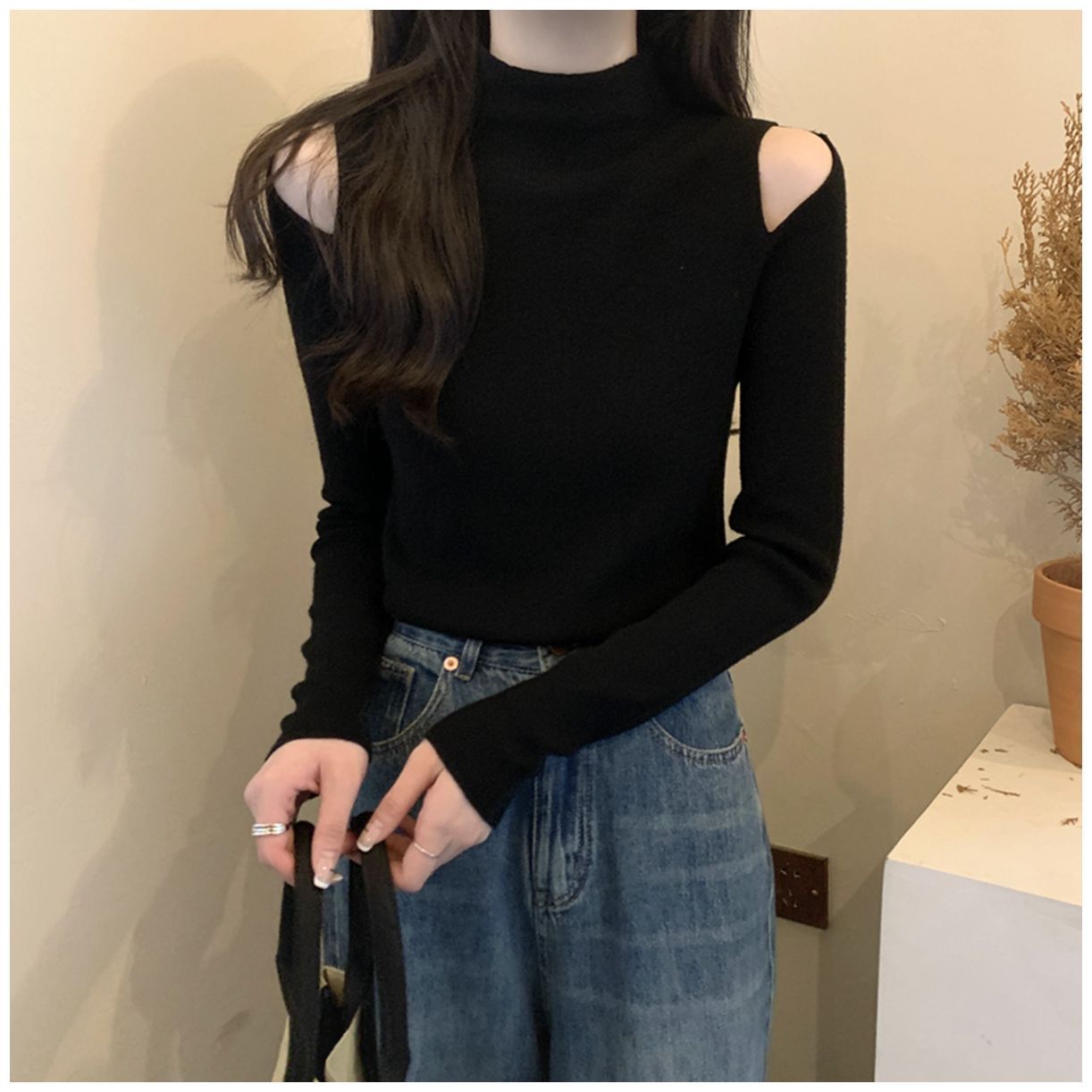 加絨加厚半高領打底衫女秋季2023新款港味設計感露肩內搭長袖上衣