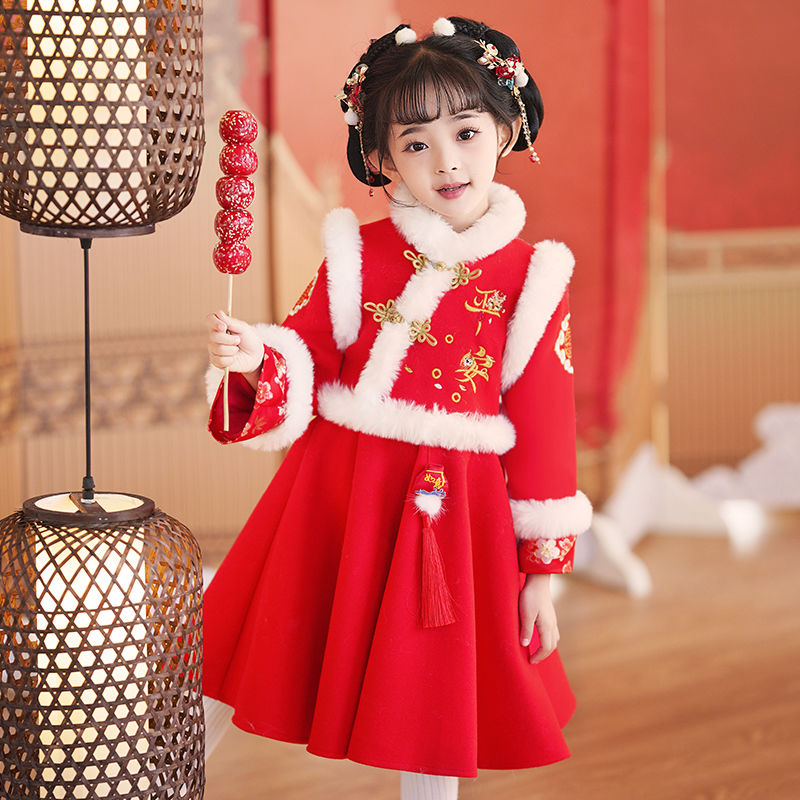 國風拜年服女童冬款唐裝漢服女寶龍年過年服兒童過年喜慶衣服年服