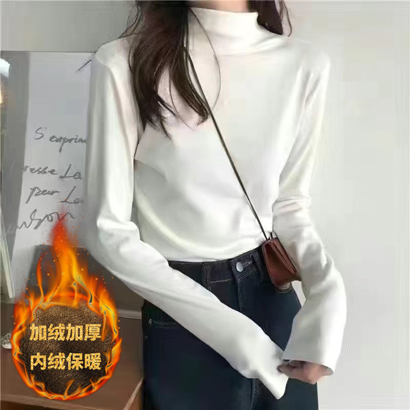 半高領長袖T恤女2023秋冬新款修身百搭加絨加厚內搭打底衫上衣潮