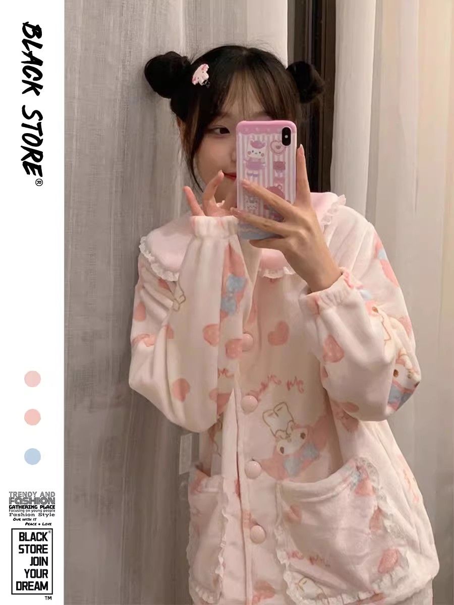 可愛美樂蒂印花毛絨長袖睡衣女冬款網紅風新款加厚加絨家居服套裝
