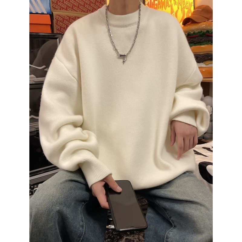 oversize純色圓領毛衣男秋冬季加絨慵懶風寬鬆針織衫內搭打底衣服