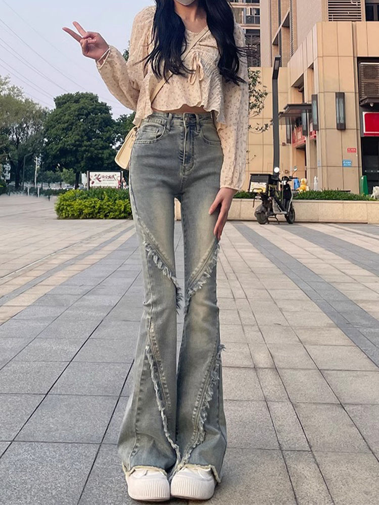 復古毛邊微喇叭牛仔褲女秋冬季新款高腰彈力修身顯瘦百搭直筒褲子