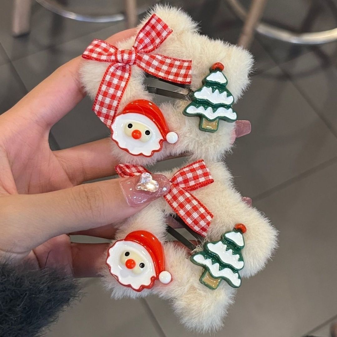 Christmas plush five-pointed star hairpin girl heart cartoon holiday Santa Claus elk edge clip autumn and winter hair accessories