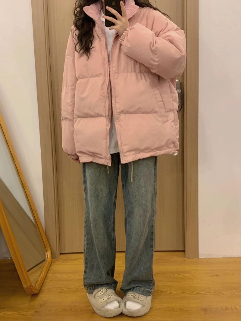 Milky pink down jacket for women in winter new style stand collar Korean style loose thickened soft and waxy quilted jacket trendy