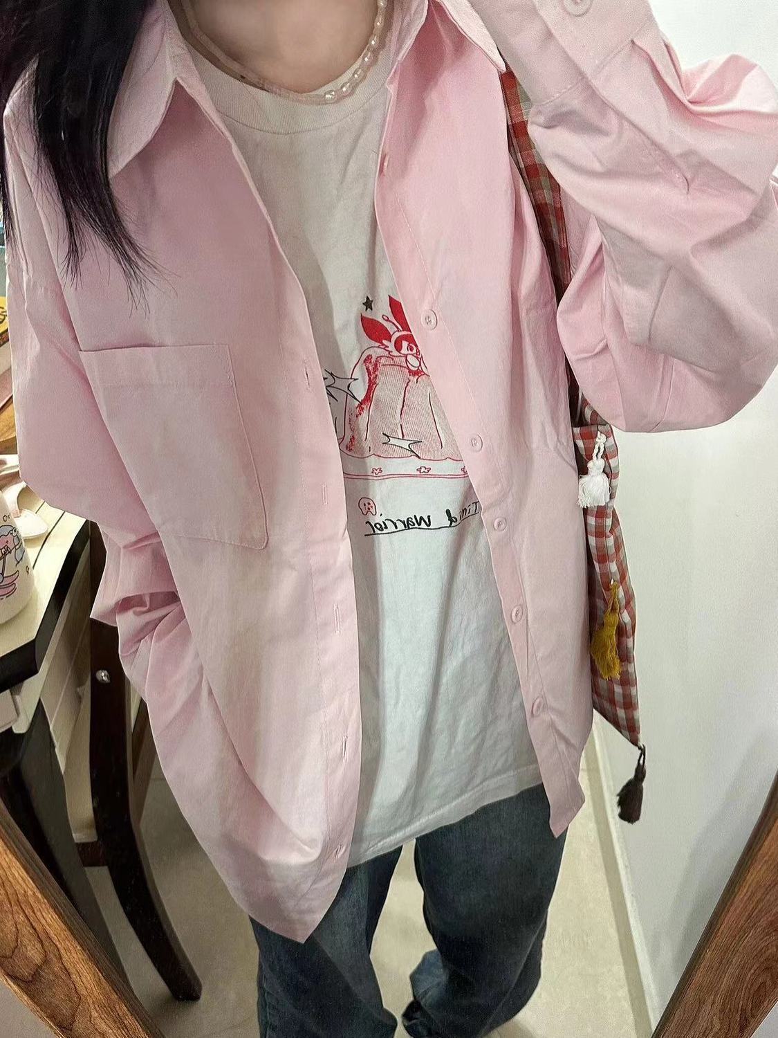 純棉粉色襯衫女2023秋冬款韓系氣質寬鬆顯瘦百搭打底襯衣開衫外穿