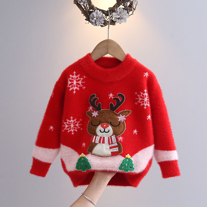 Girls' Christmas Sweaters Fashionable 2023 Autumn and Winter New Children's Clothes Girls' Velvet Thickened Knitted Internet Celebrity Tops Trendy