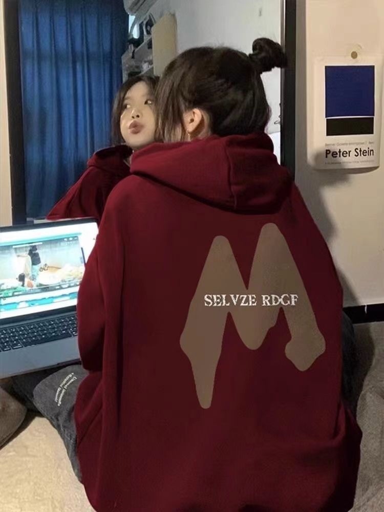 美式潮牌高級感連帽酒紅色衛衣女秋冬薄款慵懶風上衣小眾加絨外套