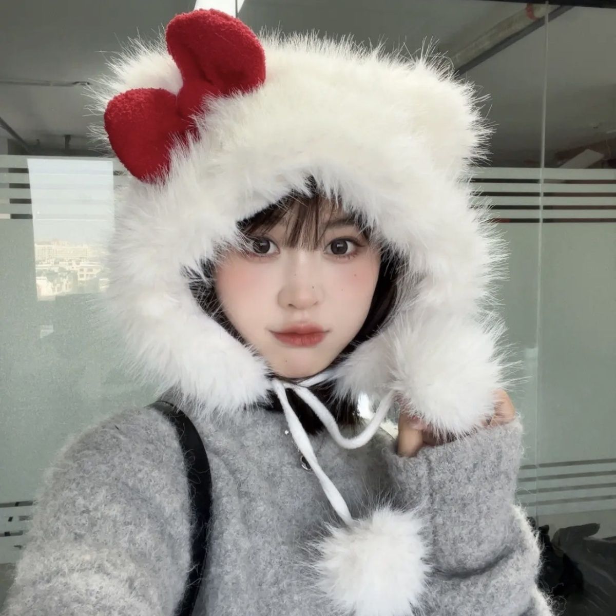 Korean style cute bow KT plush hat for women winter ear protection Lei Feng hat plus velvet to keep warm and cold and windproof hat for women