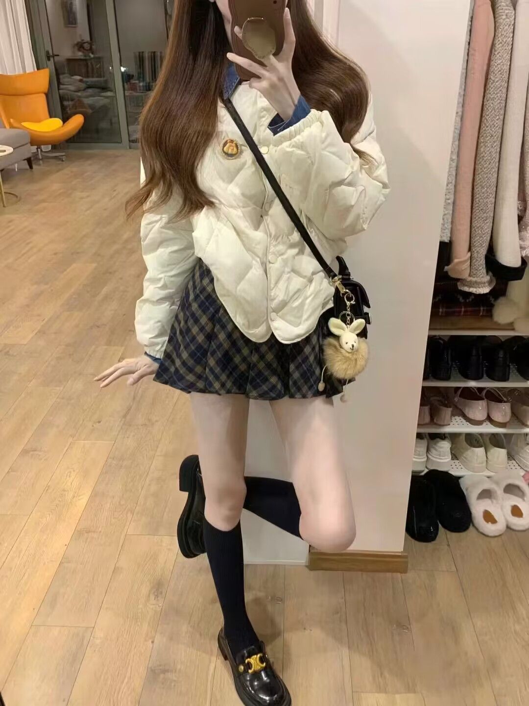 套裝女2023冬季新款學院風韓版小個子菱格棉衣外套高腰顯瘦半身裙