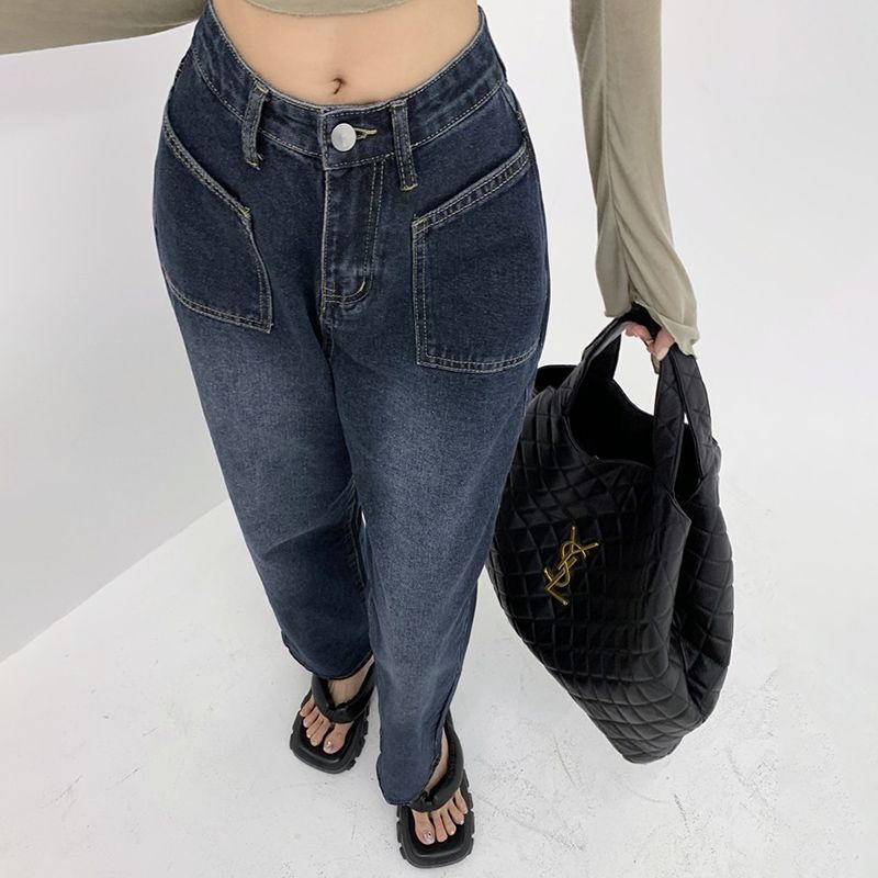 美式闊腿牛仔褲女秋冬季新款復古設計感高腰寬鬆垂感遮肉拖地長褲
