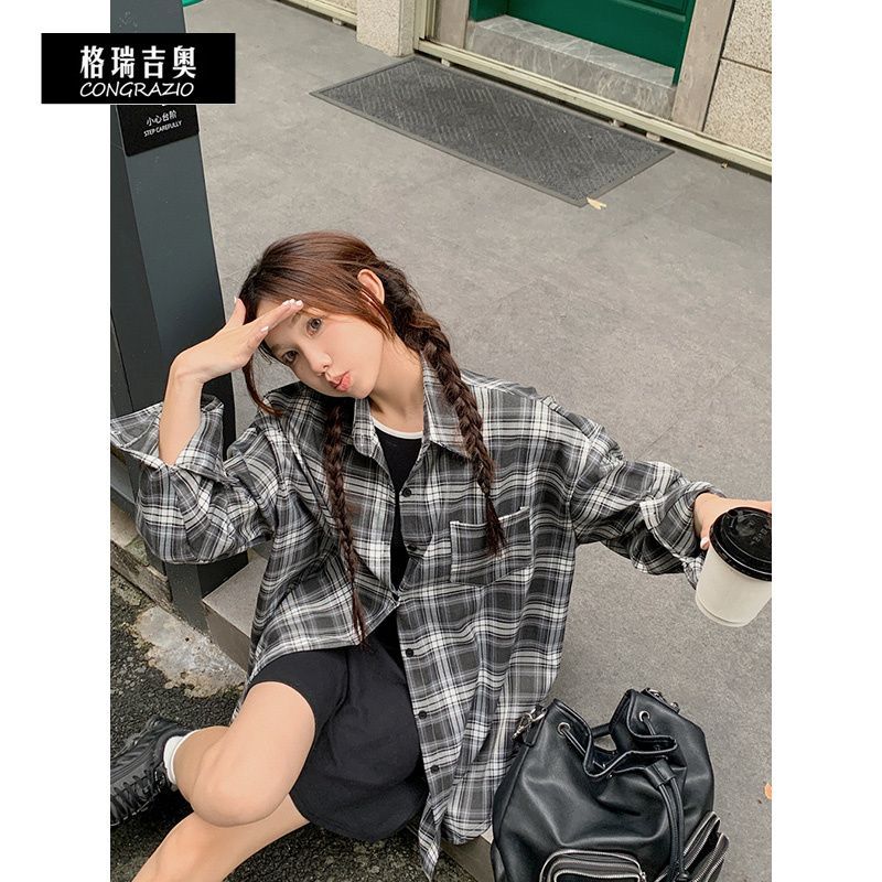 CONGRAZIO/格瑞吉奧復古格子外套寬鬆長袖襯衫慵懶休閒韓系上衣女
