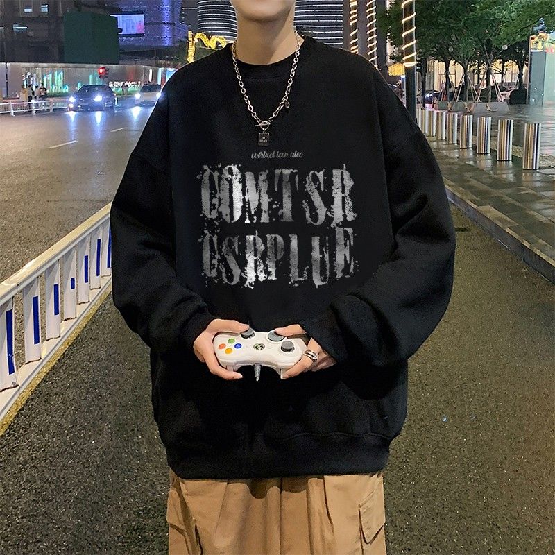 oversize美式復古高街重磅男士衛衣無帽秋季新款加絨寬鬆圓領上衣