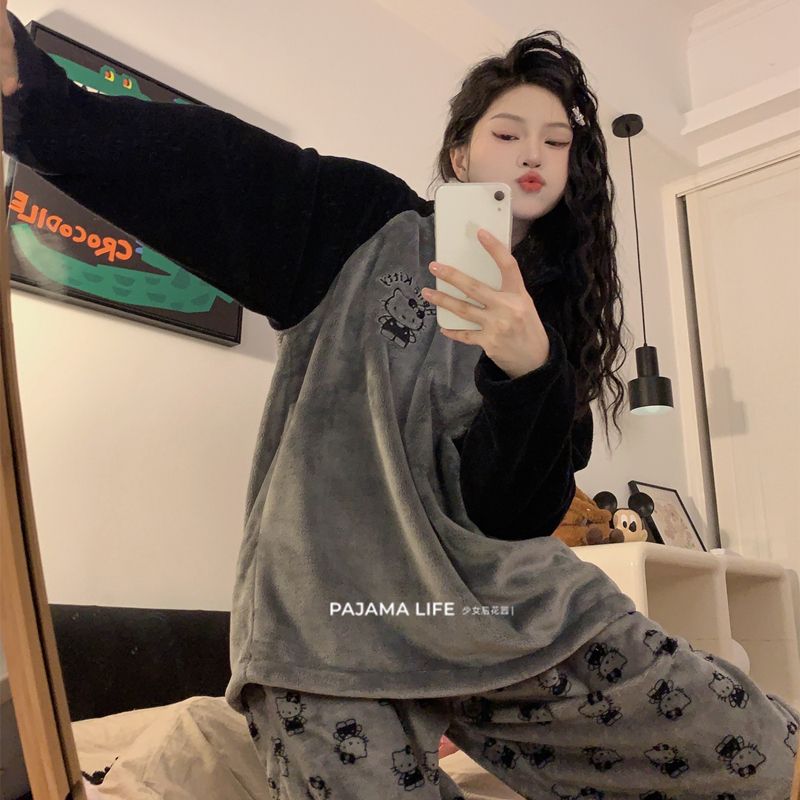 ins珊瑚絨睡衣女秋冬季圓領加厚加絨HelloKitty法蘭絨家居服套裝